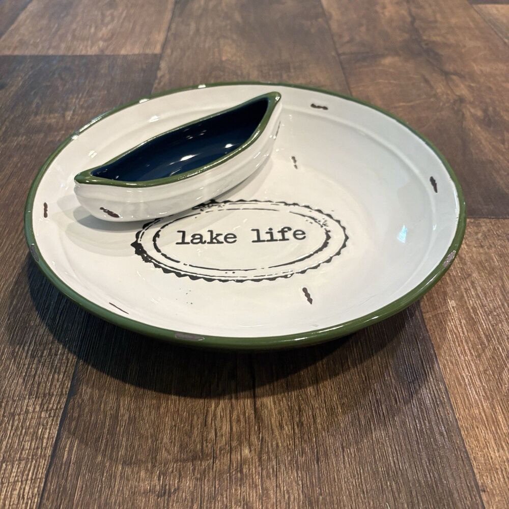 Mud Pie Lake Life Chip & Dip Serving Set 10.5” Platter Canoe Dip Bowl Rustic